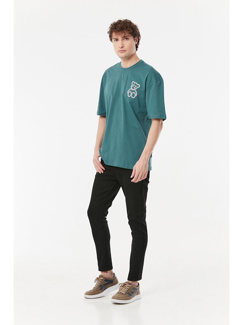 Petrol Baskılı Bisiklet Yaka Oversize Tişört-4