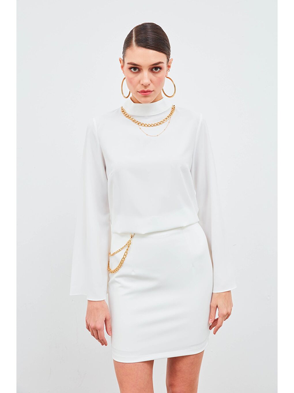 Zincir Aksesuarlı Mini Etek - Ekru-1