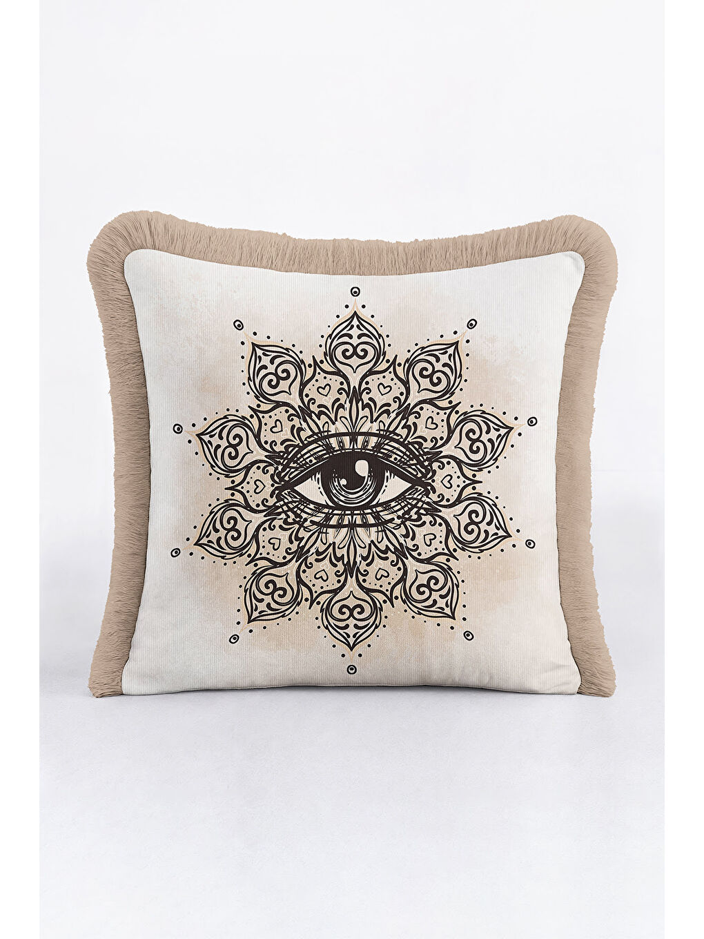 Karışık Mandala Göz Motifli Saçaklı Yastık Kılıfı - Mistik Bohem Bej Siyah Püsküllü Kırlent Kılıfı-1