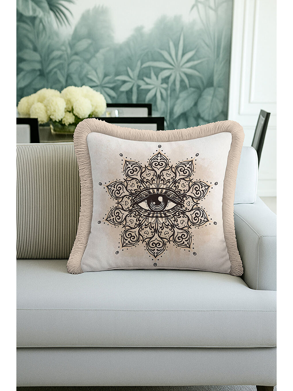 Karışık Mandala Göz Motifli Saçaklı Yastık Kılıfı - Mistik Bohem Bej Siyah Püsküllü Kırlent Kılıfı-2