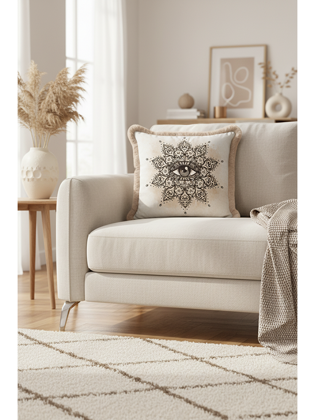 Karışık Mandala Göz Motifli Saçaklı Yastık Kılıfı - Mistik Bohem Bej Siyah Püsküllü Kırlent Kılıfı-3