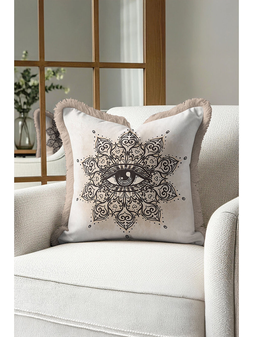 Karışık Mandala Göz Motifli Saçaklı Yastık Kılıfı - Mistik Bohem Bej Siyah Püsküllü Kırlent Kılıfı-4