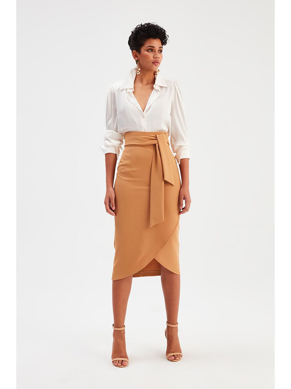 Kahverengi Kuşaklı Kalem Etek - Camel-1