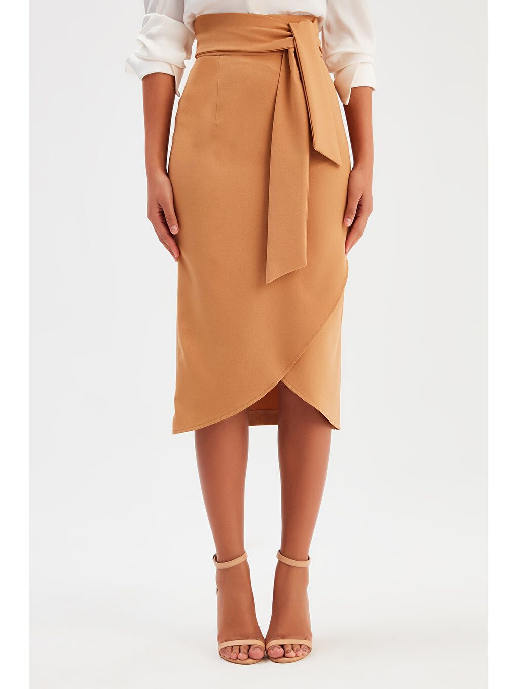 Kahverengi Kuşaklı Kalem Etek - Camel-2