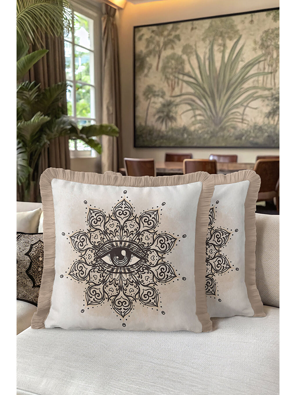 Karışık Mandala Göz Motifli Saçaklı Yastık Kılıfı - Mistik Bohem Bej Siyah Püsküllü Kırlent Kılıfı-5