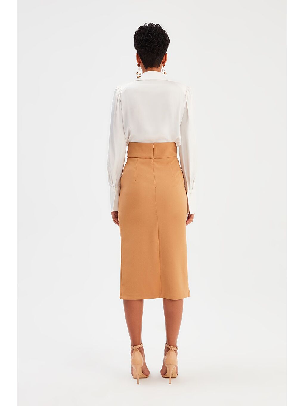 Kahverengi Kuşaklı Kalem Etek - Camel-4