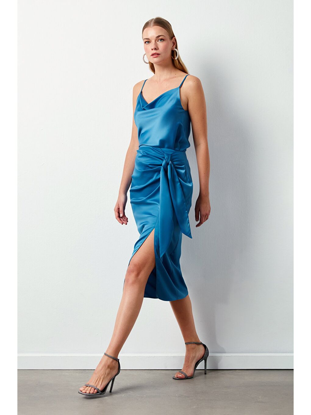 Bağlamalı Saten Etek - Sax Mavi