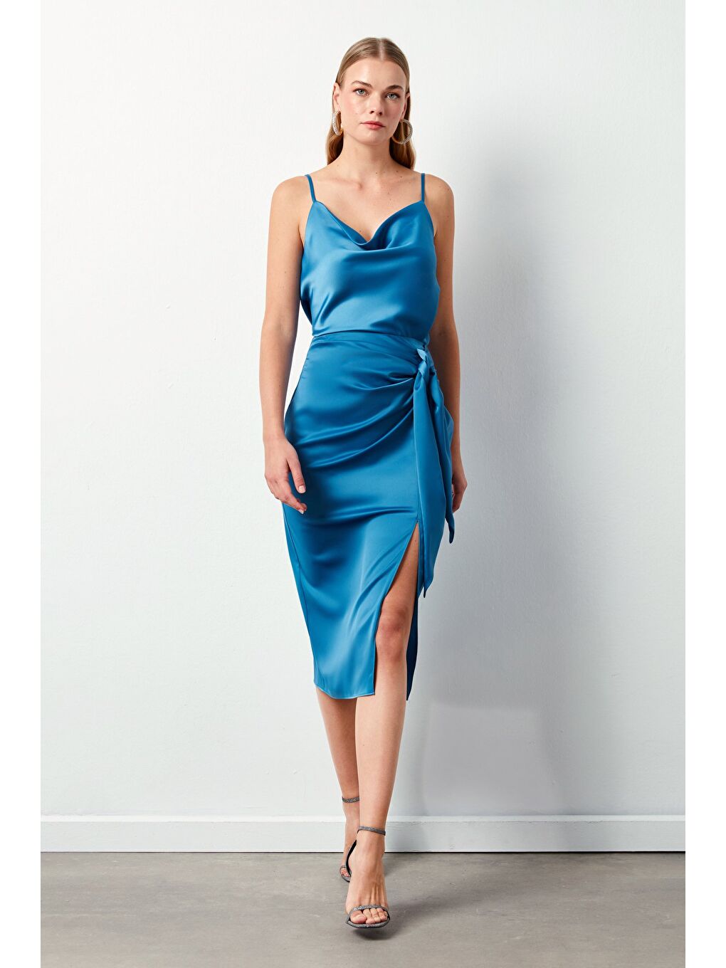 Bağlamalı Saten Etek - Sax Mavi-1