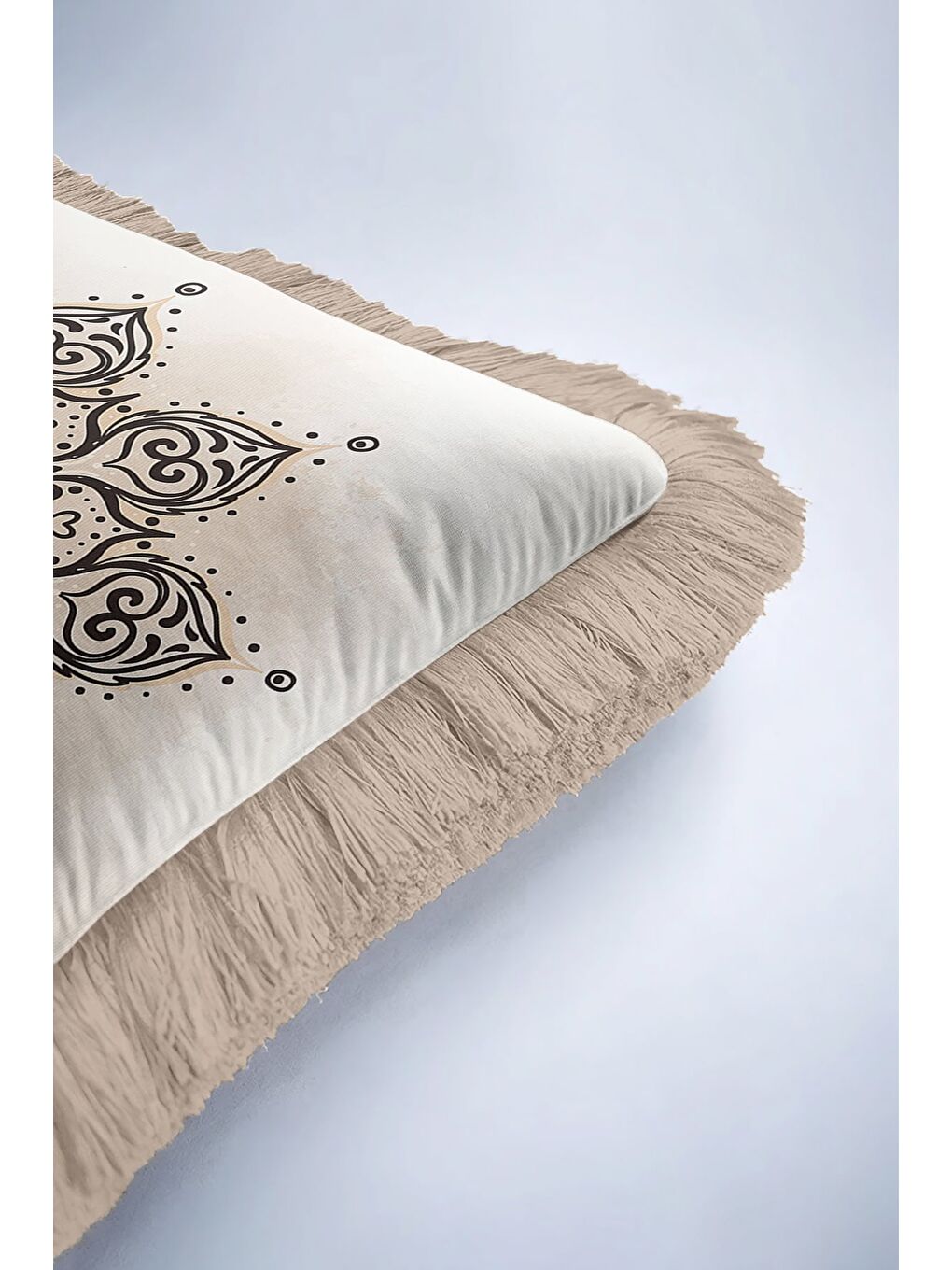 Karışık Mandala Göz Motifli Saçaklı Yastık Kılıfı - Mistik Bohem Bej Siyah Püsküllü Kırlent Kılıfı-6