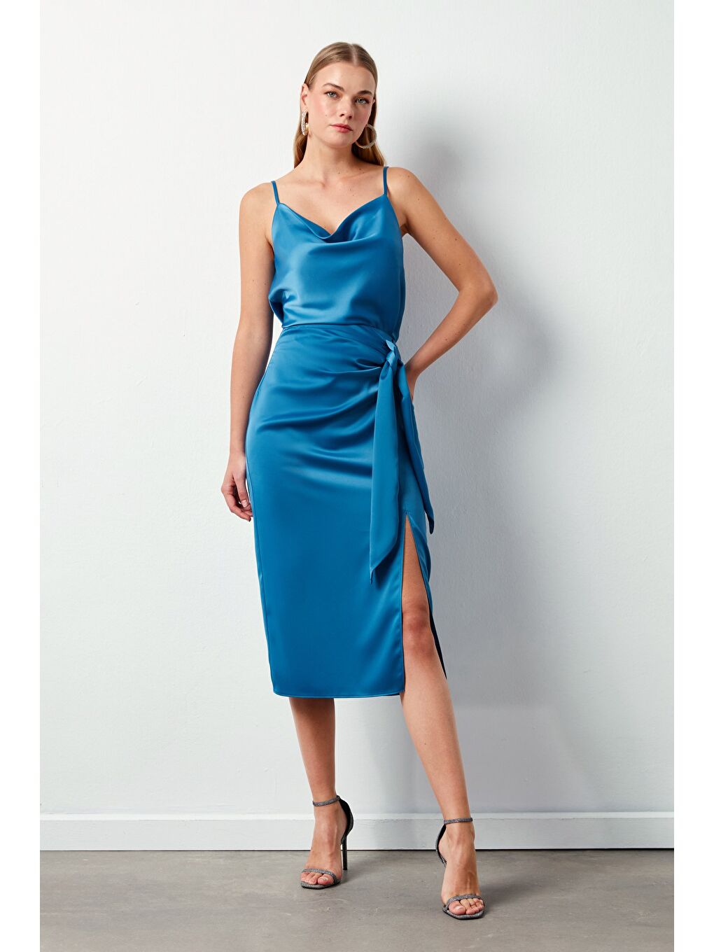 Bağlamalı Saten Etek - Sax Mavi-2