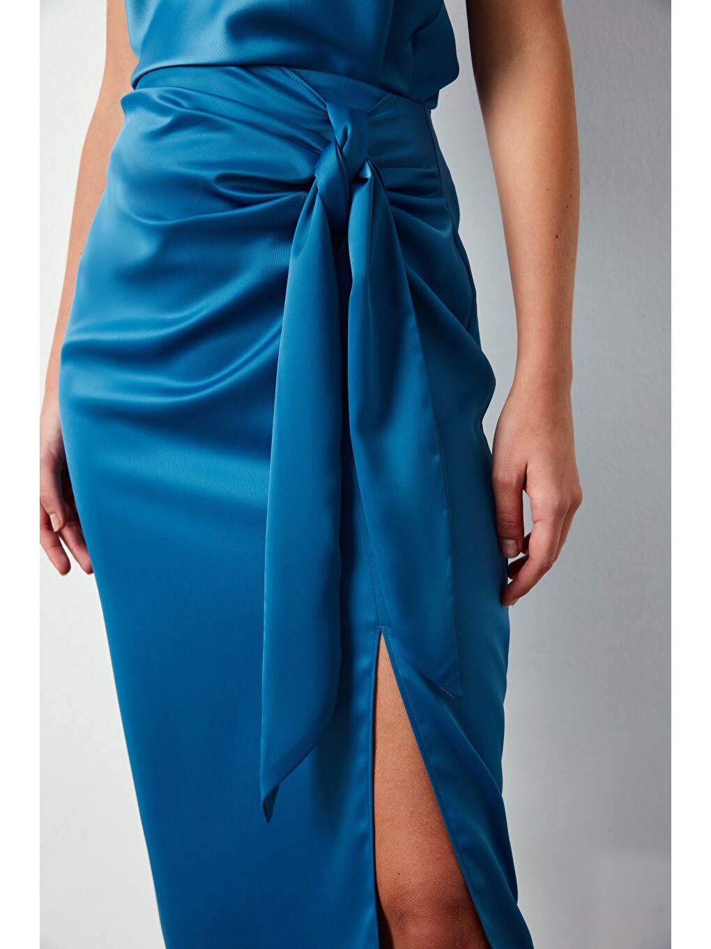 Bağlamalı Saten Etek - Sax Mavi-3