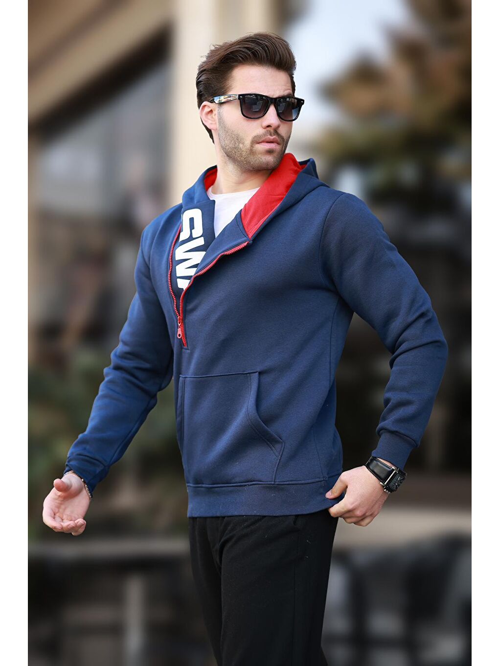 Lacivert Fermuar Detaylı Kapüşonlu Erkek Hoodie 1767