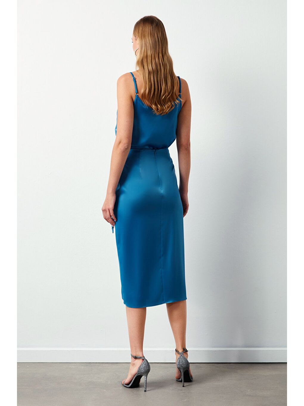 Bağlamalı Saten Etek - Sax Mavi-5