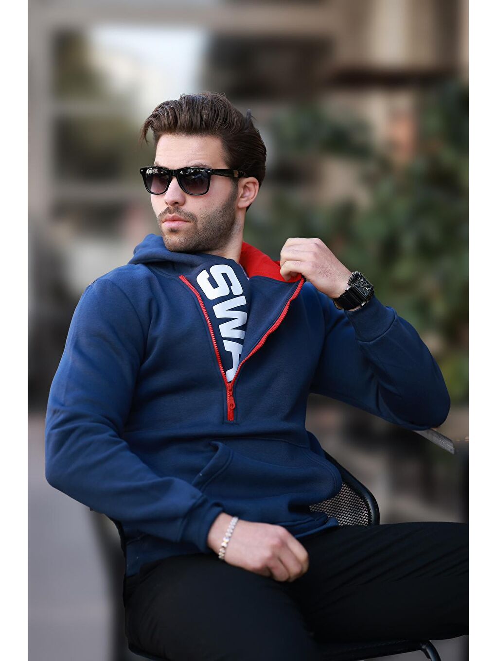 Lacivert Fermuar Detaylı Kapüşonlu Erkek Hoodie 1767-1