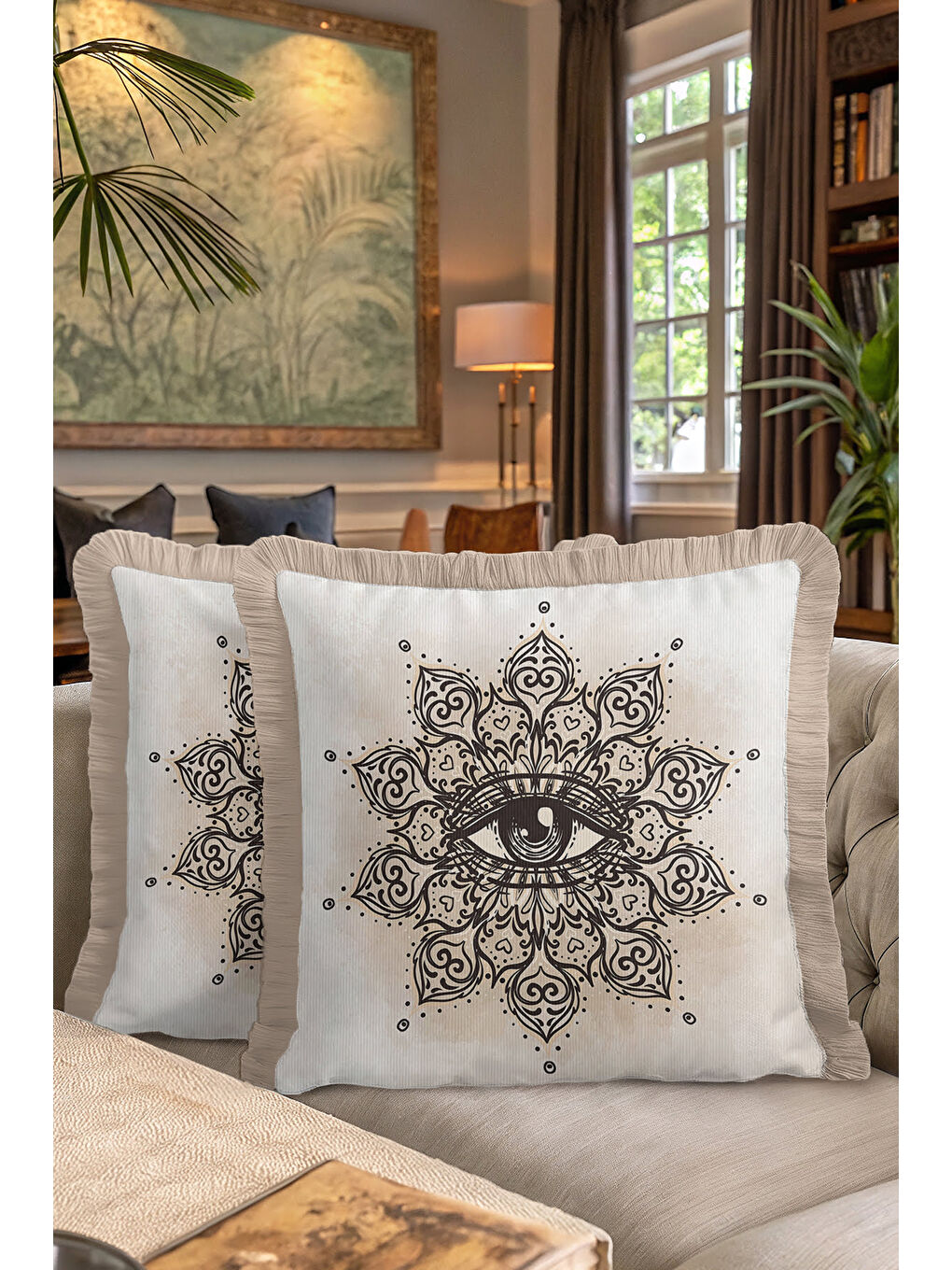 Karışık Mandala Göz Motifli Saçaklı Yastık Kılıfı - Mistik Bohem Bej Siyah Püsküllü Kırlent Kılıfı-7