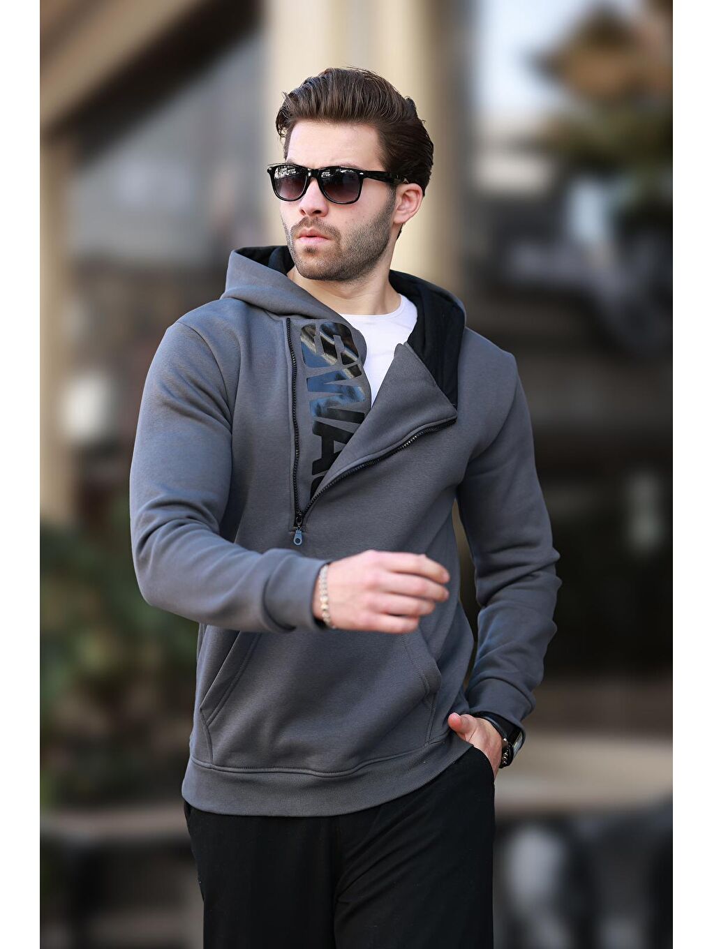Gri Füme Fermuar Detaylı Kapüşonlu Erkek Hoodie 1767-1