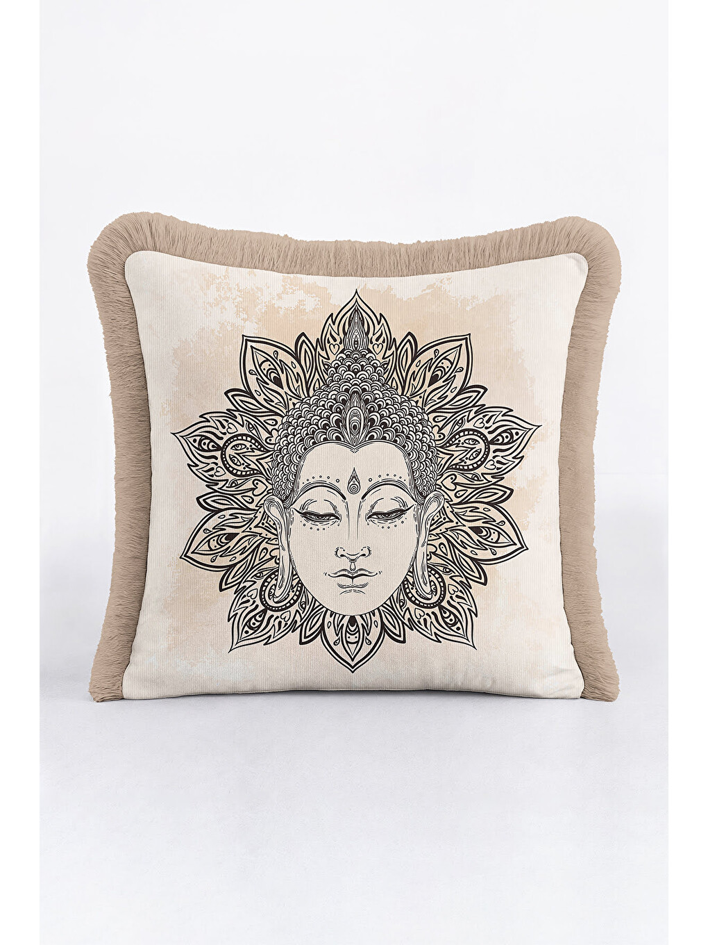 Karışık Mandala Sanatlı Saçaklı Yastık Kılıfı - Meditasyon Temalı Bohem Bej Püsküllü Kırlent Kılıfı