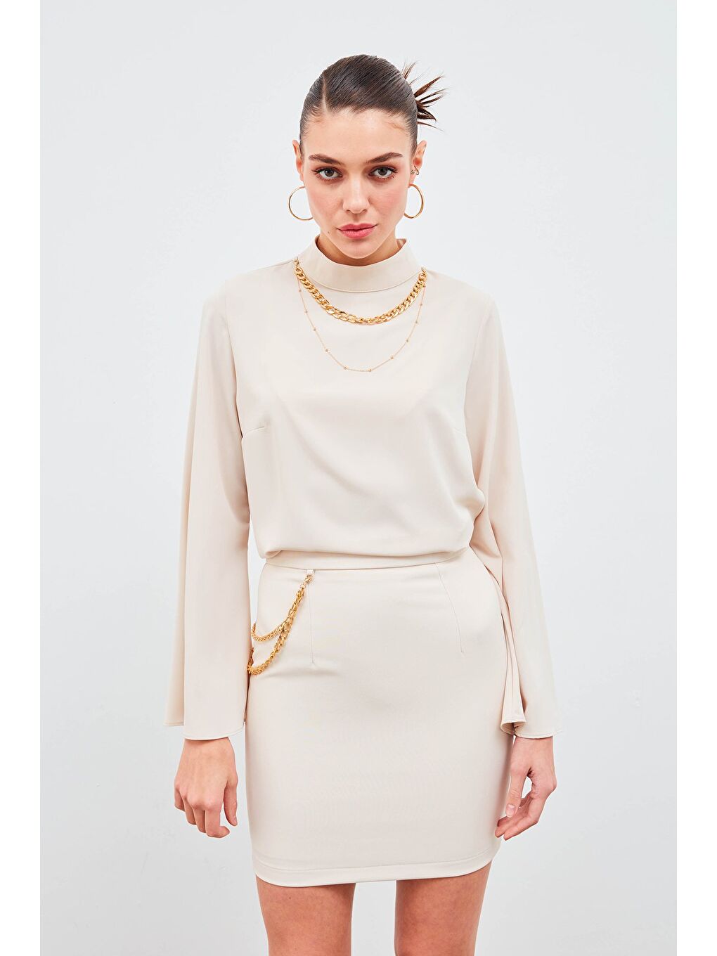 SATEEN Zincir Aksesuarlı Mini Etek - Bej - 2
