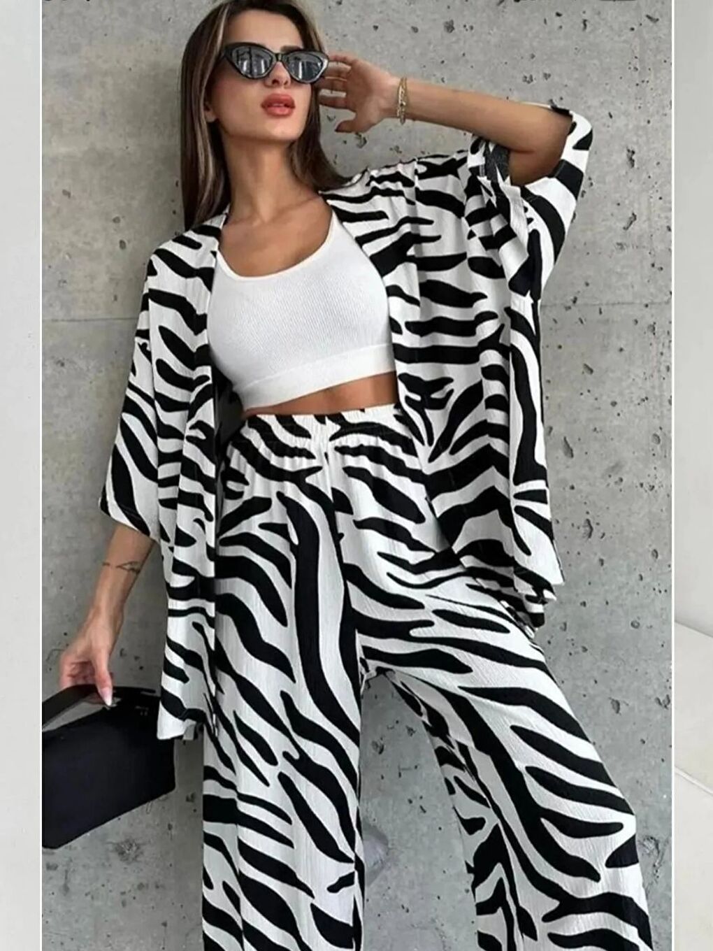 Kadın Rahat Kesim Kimono Siyah Beyaz Alt Uzun Pantolon Üst Yazlık Takım