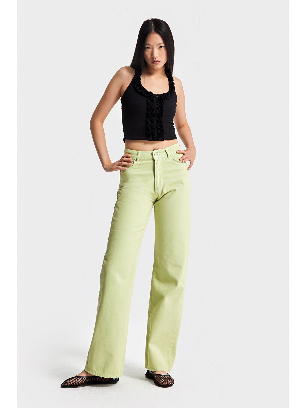 Kadın Fıstık Yeşili Renk 6s5-121 Straight Fit Yüksek Bel %100 Pamuk İç Boyu 80cm Denim Jean-1