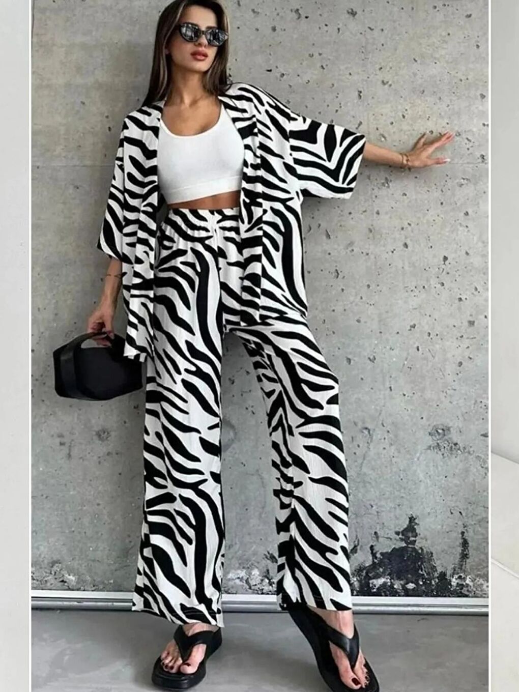 Kadın Rahat Kesim Kimono Siyah Beyaz Alt Uzun Pantolon Üst Yazlık Takım-1