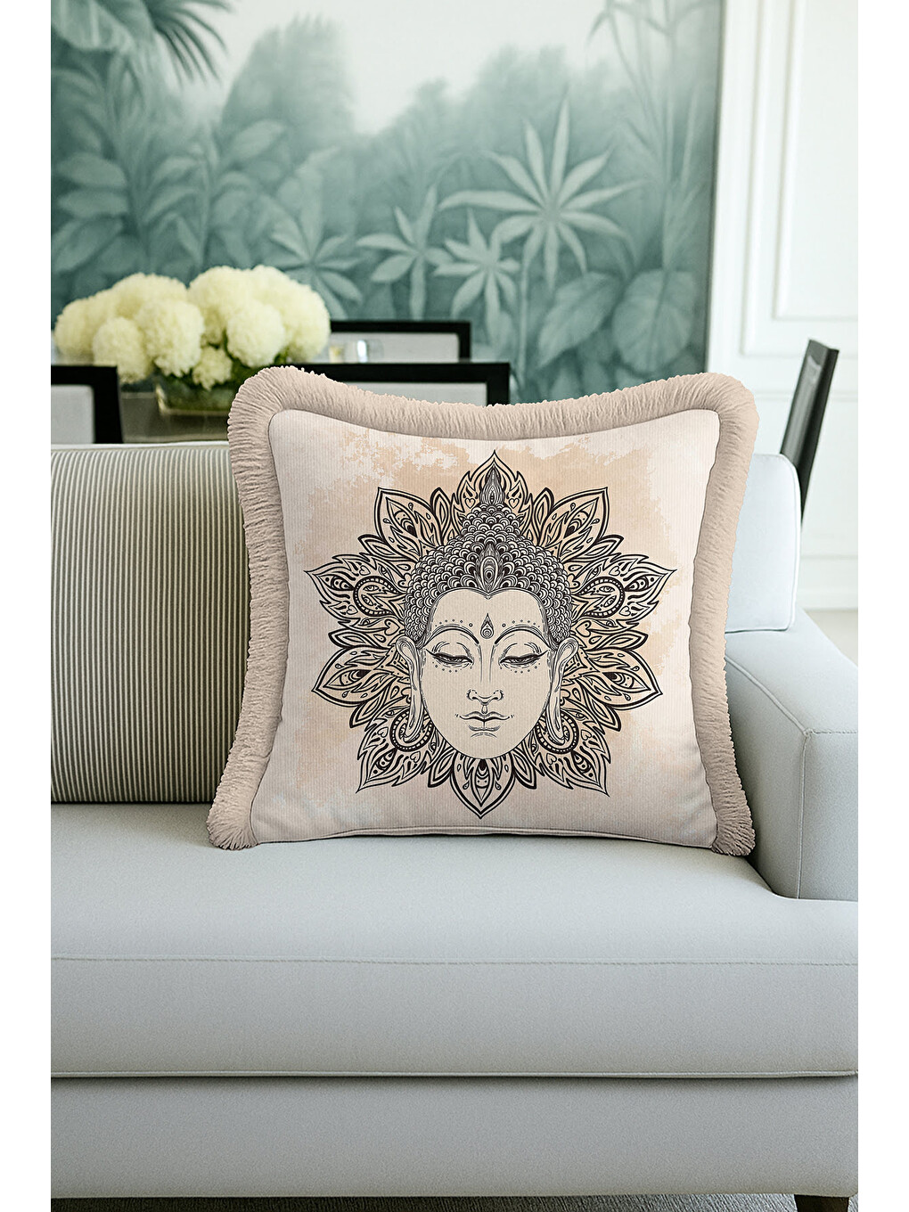 Karışık Mandala Sanatlı Saçaklı Yastık Kılıfı - Meditasyon Temalı Bohem Bej Püsküllü Kırlent Kılıfı-1