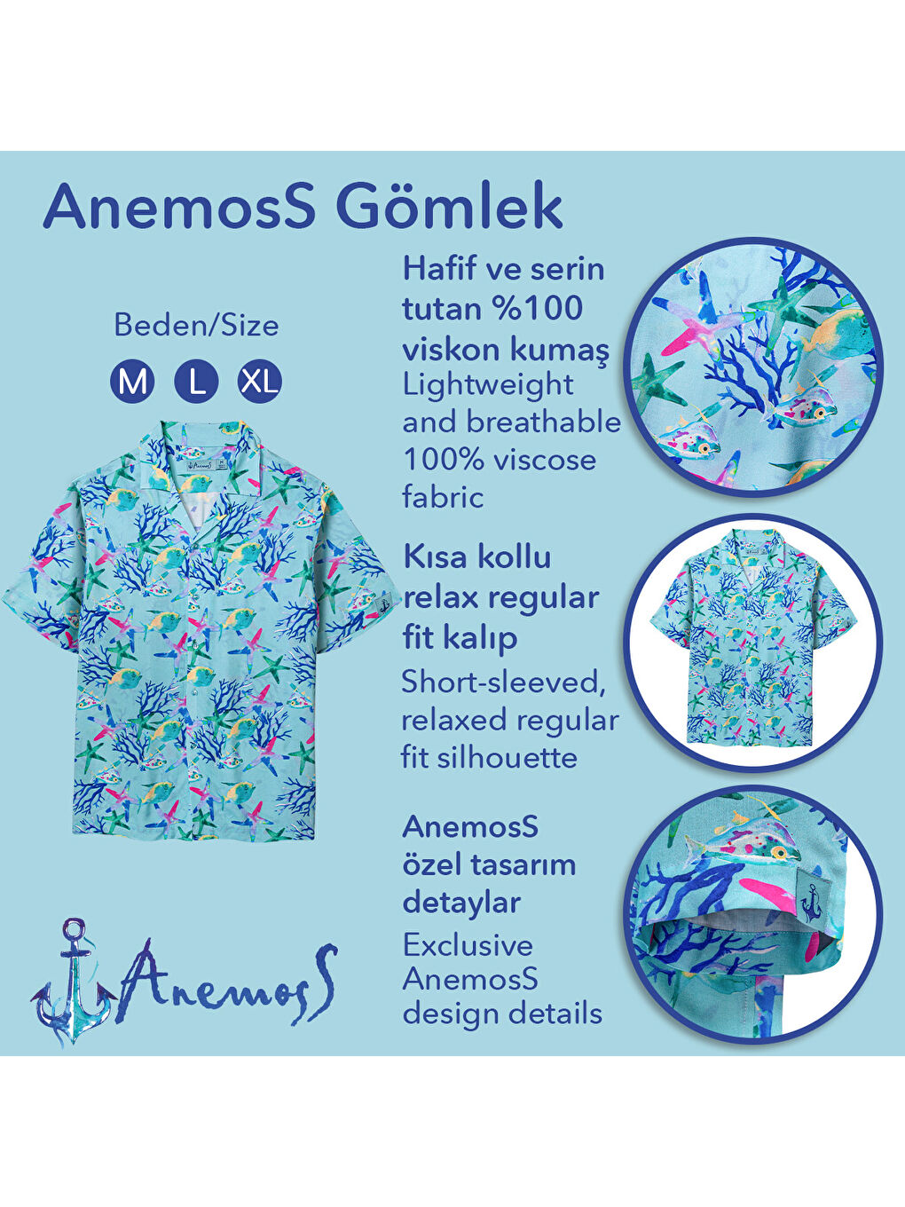 Karışık Akvaryum Desenli %100 Viskon Yumuşak Nefes Alabilir Kumaşlı Erkek Gömlek-7