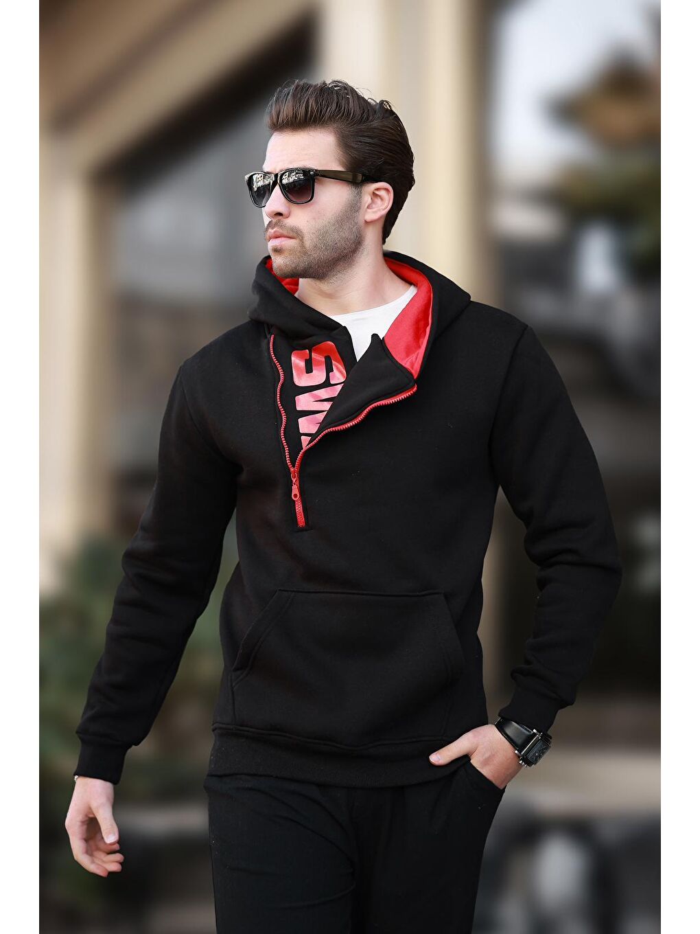 Siyah Fermuar Detaylı Kapüşonlu Erkek Hoodie 1767