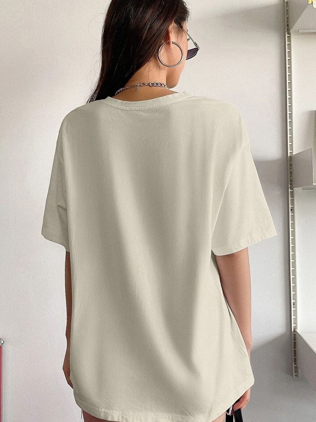 Bej Bisiklet Yaka 1997 Baskılı Oversize Tişört-1