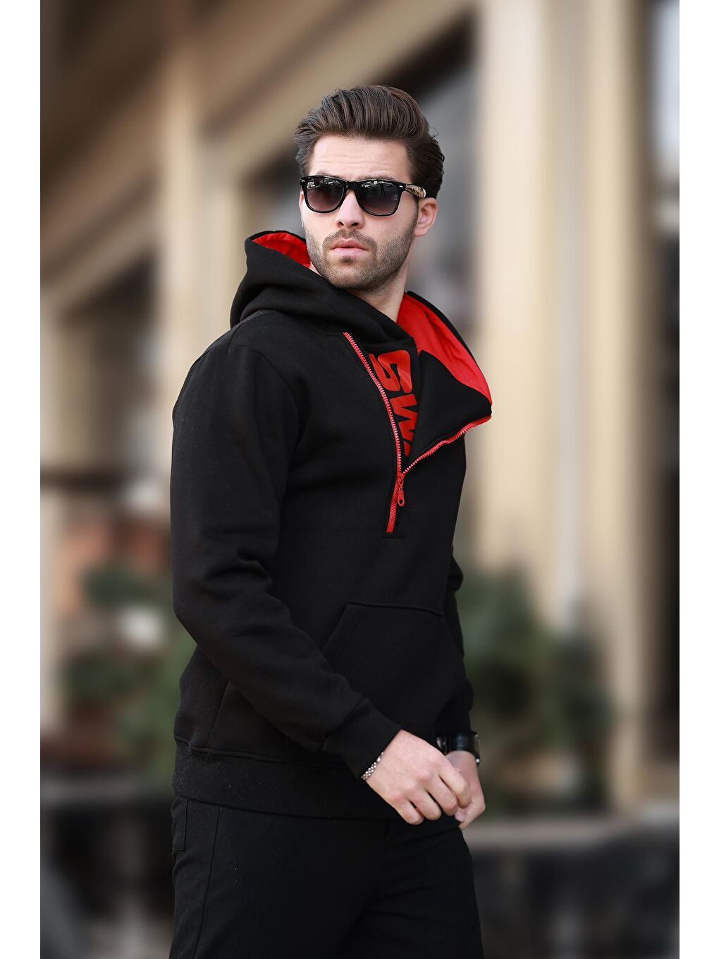 Siyah Fermuar Detaylı Kapüşonlu Erkek Hoodie 1767-1