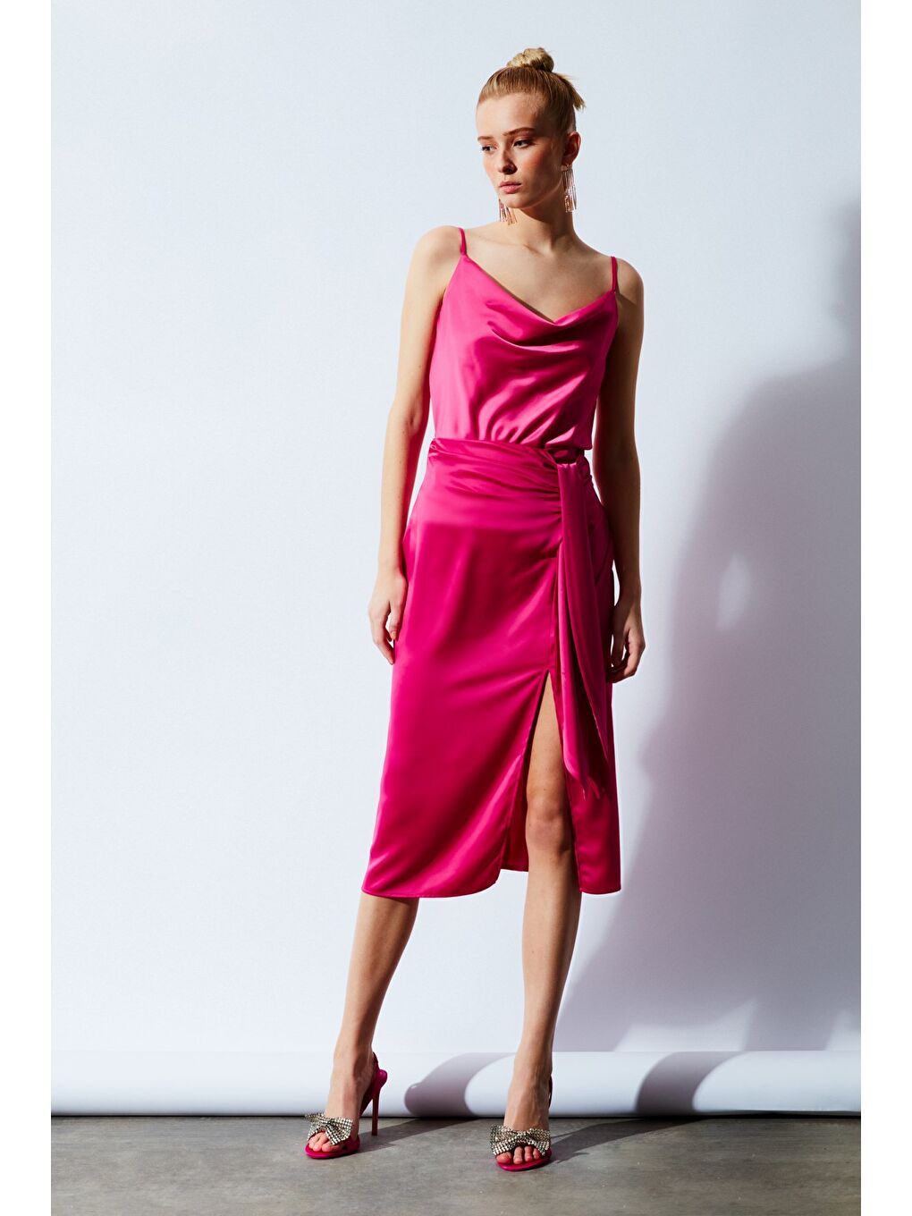 Bağlamalı Saten Etek - Fuşya-1