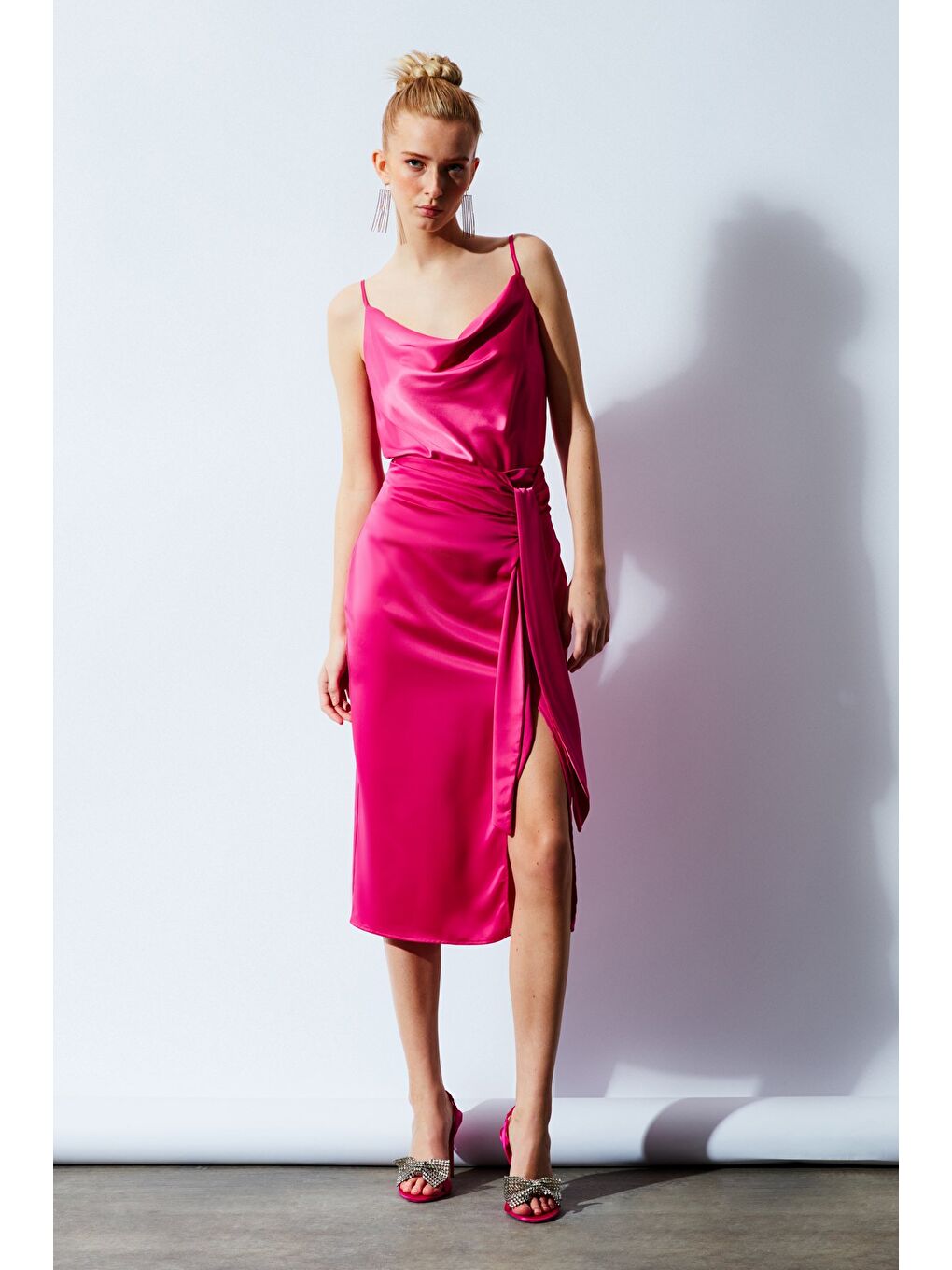 Bağlamalı Saten Etek - Fuşya-2