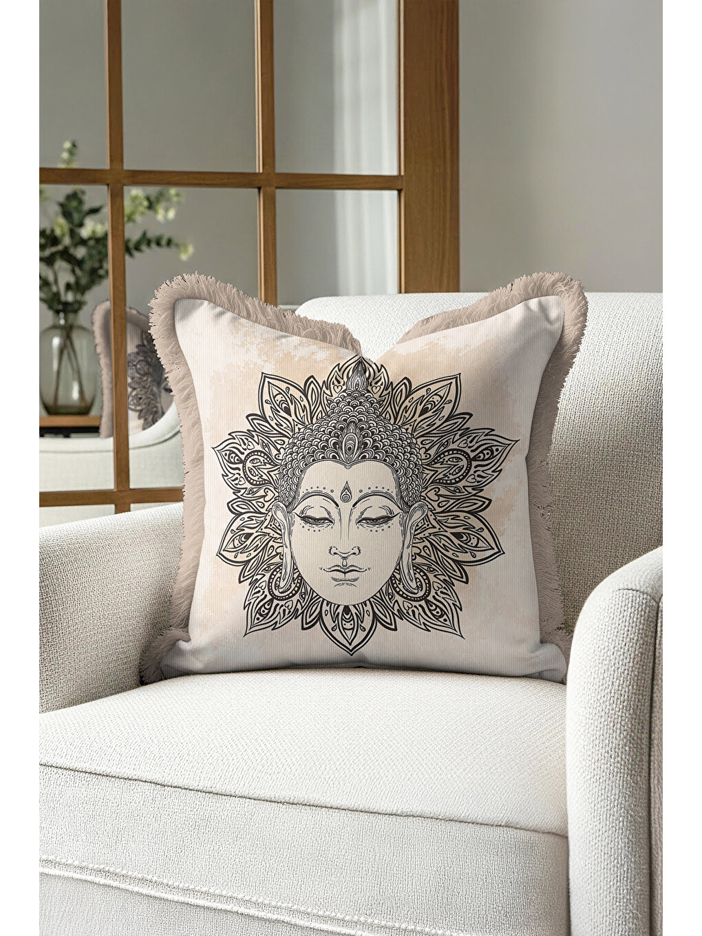 Karışık Mandala Sanatlı Saçaklı Yastık Kılıfı - Meditasyon Temalı Bohem Bej Püsküllü Kırlent Kılıfı-3