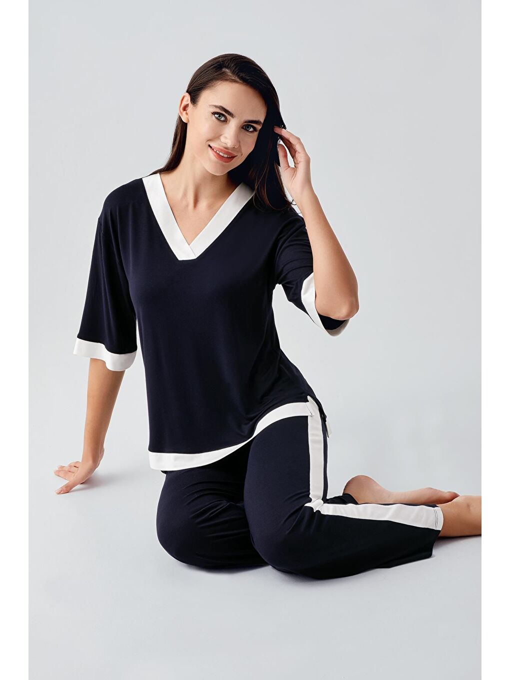 Lacivert Kısa Kollu Esnek Viskoz Pijama Takım 17213-1