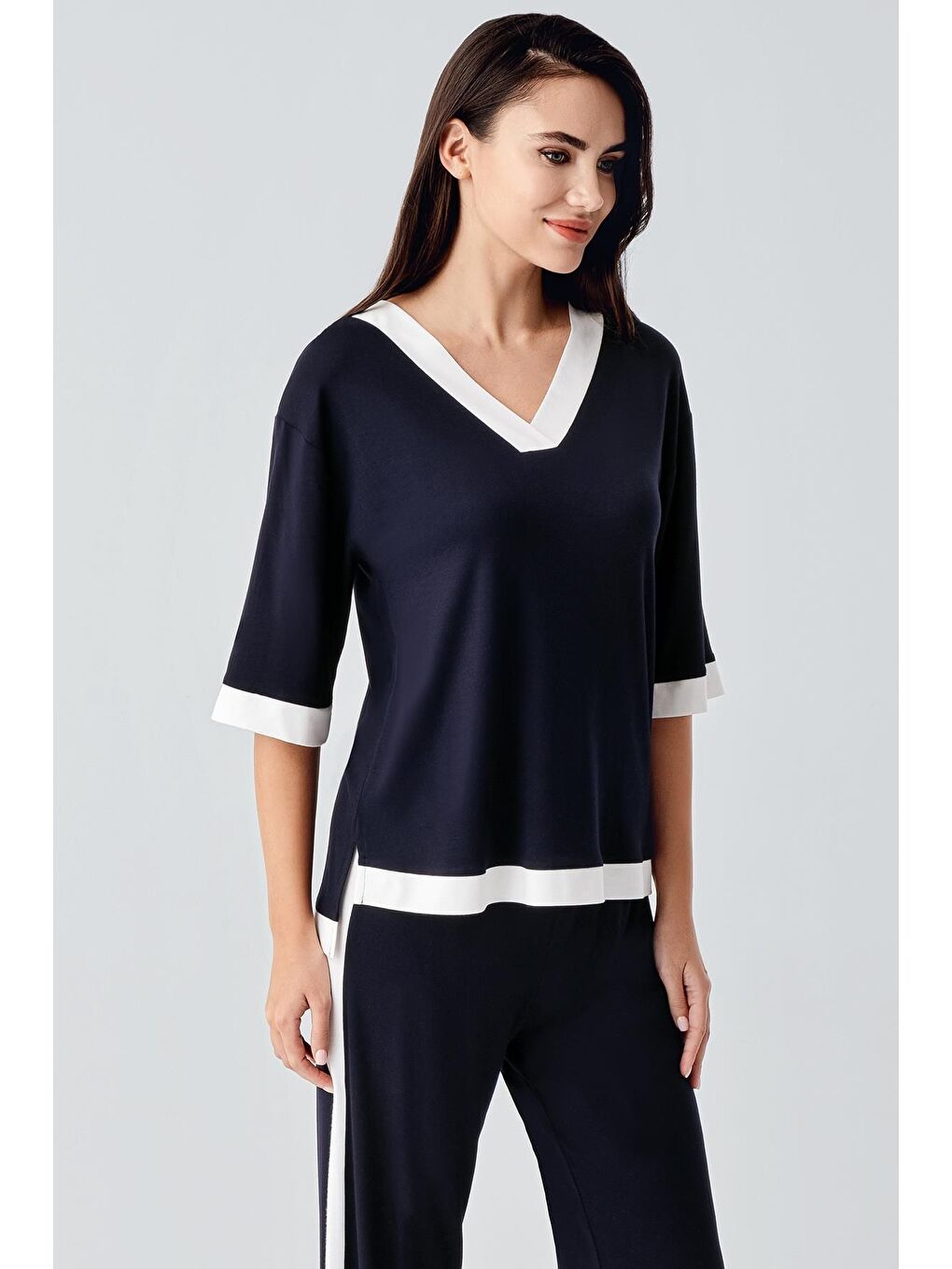 Lacivert Kısa Kollu Esnek Viskoz Pijama Takım 17213-2