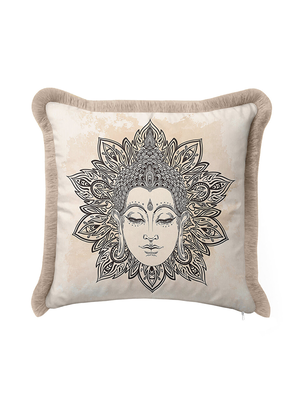 Karışık Mandala Sanatlı Saçaklı Yastık Kılıfı - Meditasyon Temalı Bohem Bej Püsküllü Kırlent Kılıfı-4