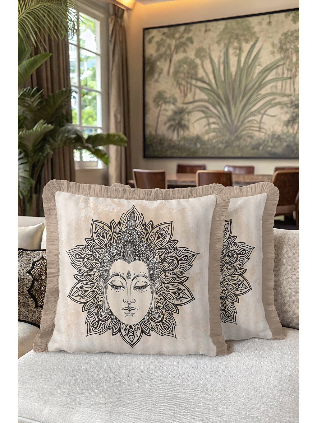 Karışık Mandala Sanatlı Saçaklı Yastık Kılıfı - Meditasyon Temalı Bohem Bej Püsküllü Kırlent Kılıfı-5