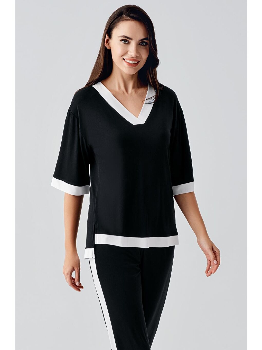 Siyah Kısa Kollu Esnek Viskoz Pijama Takım 17213-1