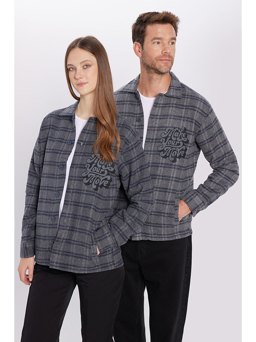 Karışık Unisex Relax Fit Rahat Kesim Uzun Kollu Çift Cepli Kareli Kışlık Oduncu Apaş Yaka Gömlek-5