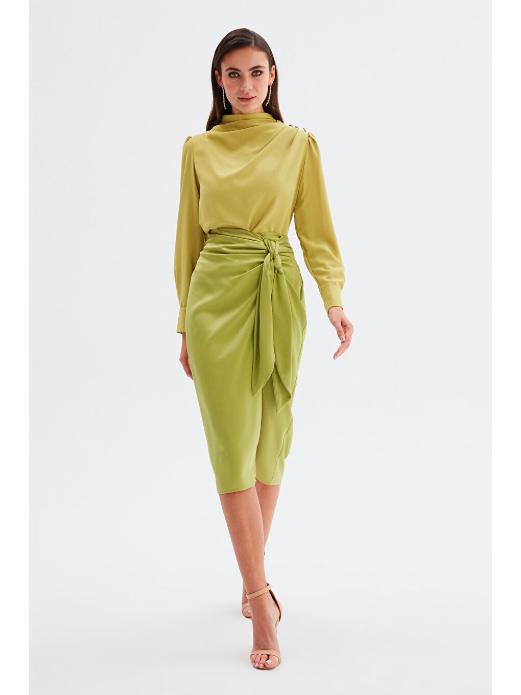 Bağlamalı Saten Etek - Yağ Yeşili-1