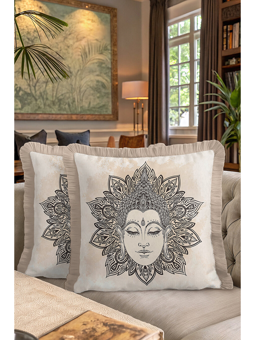 Karışık Mandala Sanatlı Saçaklı Yastık Kılıfı - Meditasyon Temalı Bohem Bej Püsküllü Kırlent Kılıfı-7