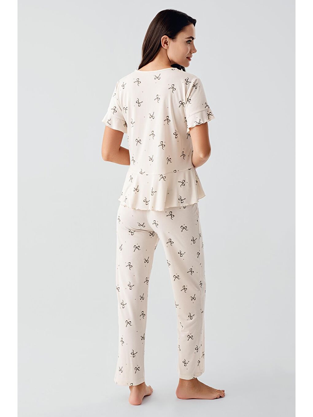 Bej Fiyonk Desenli Kısa Kollu Esnek Viskoz Pijama Takım 17206