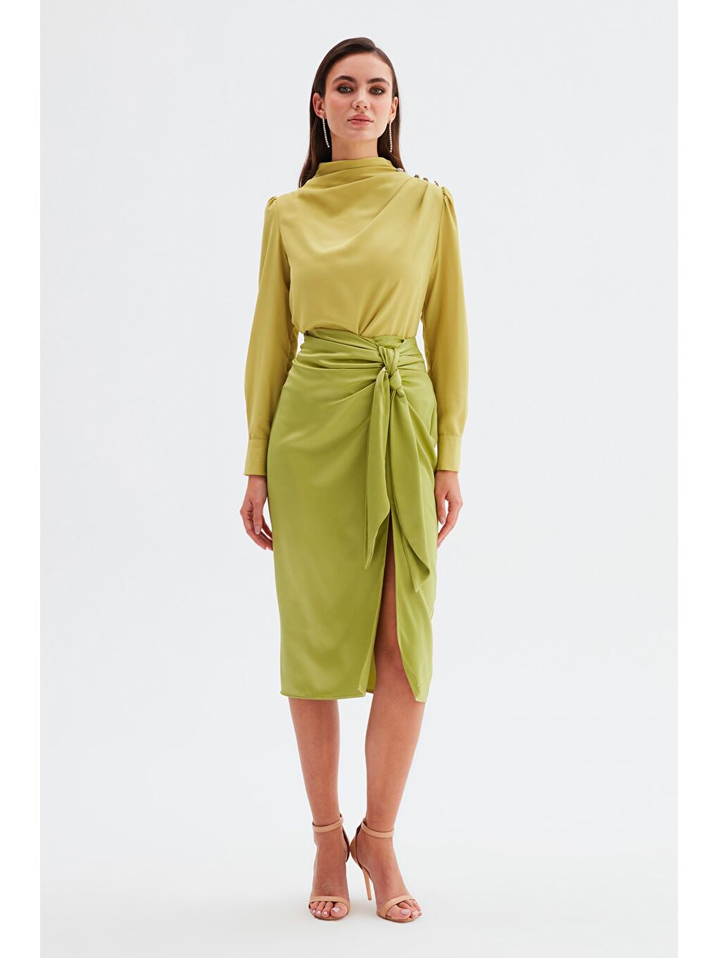 Bağlamalı Saten Etek - Yağ Yeşili-2