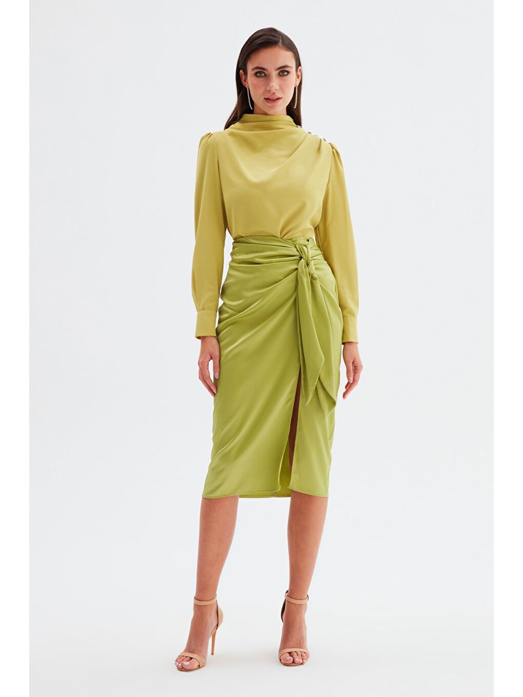 Bağlamalı Saten Etek - Yağ Yeşili-3