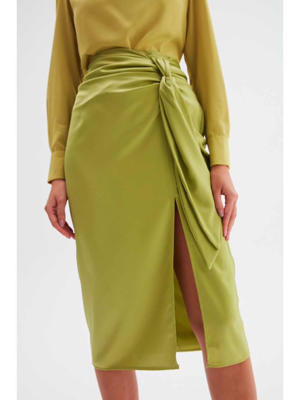 Bağlamalı Saten Etek - Yağ Yeşili-5