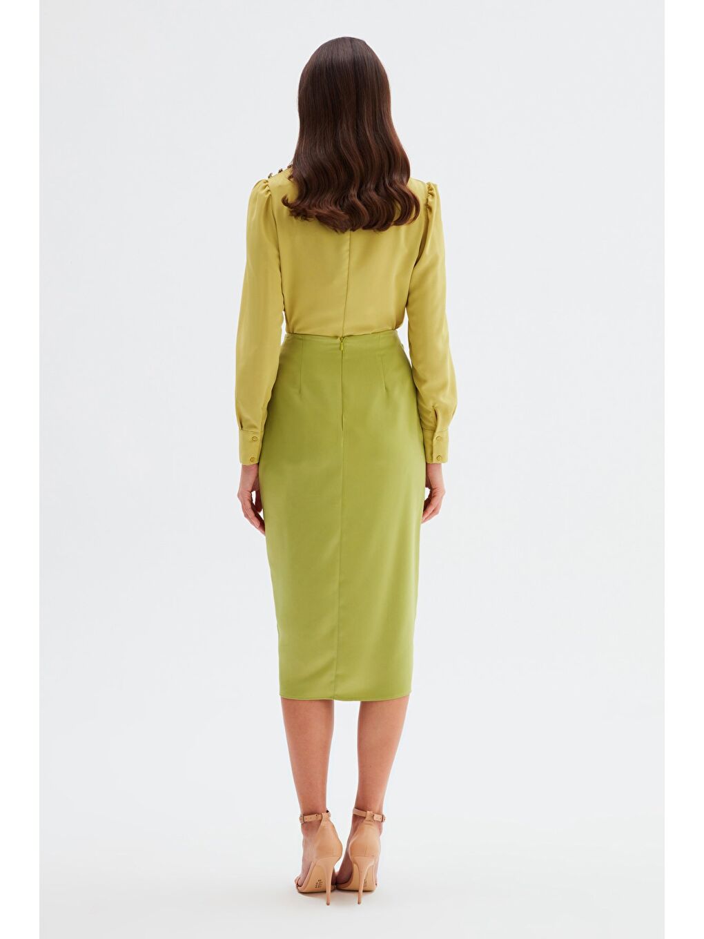 Bağlamalı Saten Etek - Yağ Yeşili-6