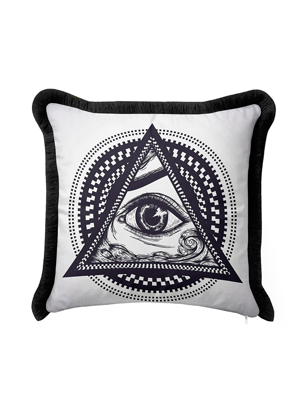 Karışık Mistik Üçgen Göz Saçaklı Yastık Kılıfı - Kozmik Geometrik Modern Siyah Beyaz Püsküllü Kırlent Kılıfı