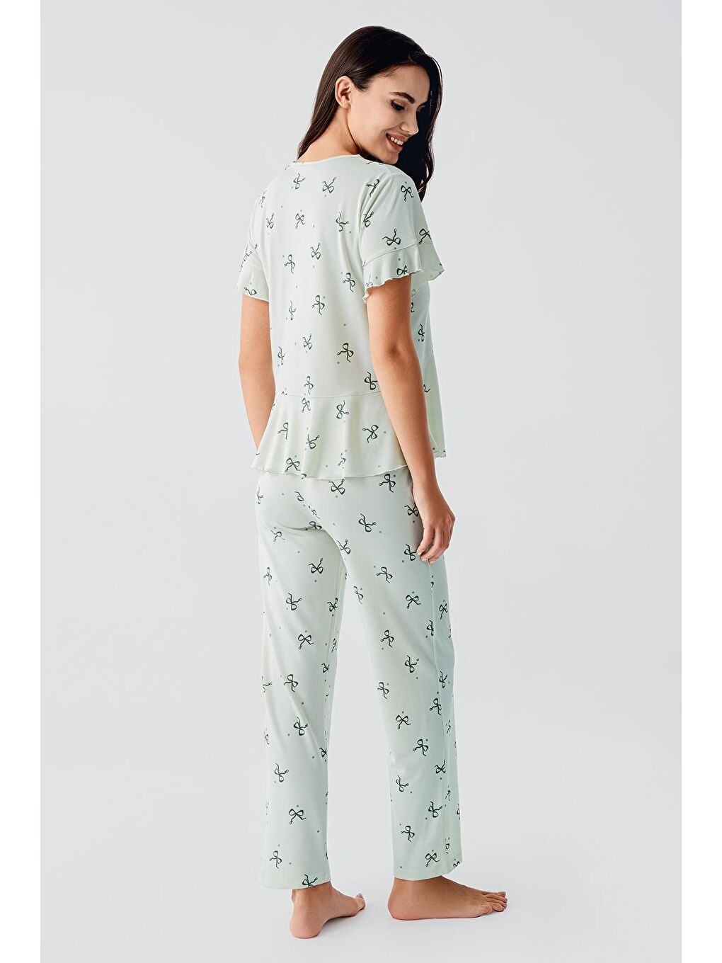 Yeşil Fiyonk Desenli Kısa Kollu Esnek Viskoz Pijama Takım 17206-2