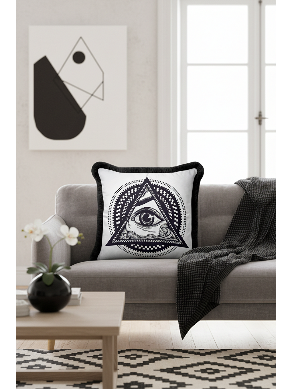 Karışık Mistik Üçgen Göz Saçaklı Yastık Kılıfı - Kozmik Geometrik Modern Siyah Beyaz Püsküllü Kırlent Kılıfı-1