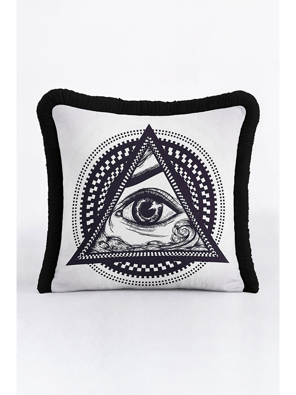 Karışık Mistik Üçgen Göz Saçaklı Yastık Kılıfı - Kozmik Geometrik Modern Siyah Beyaz Püsküllü Kırlent Kılıfı-2